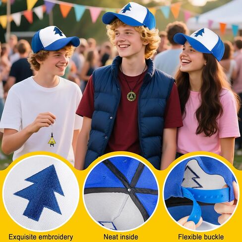 Dipper Hat Embroidered Blue Baseball Cap with Necklace and Keychain, Cosplay Costume Accessories Set in Saudi Arabia