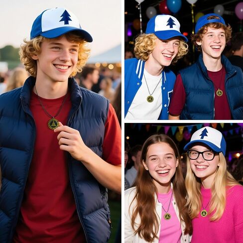 Dipper Hat Embroidered Blue Baseball Cap with Necklace and Keychain, Cosplay Costume Accessories Set in Saudi Arabia