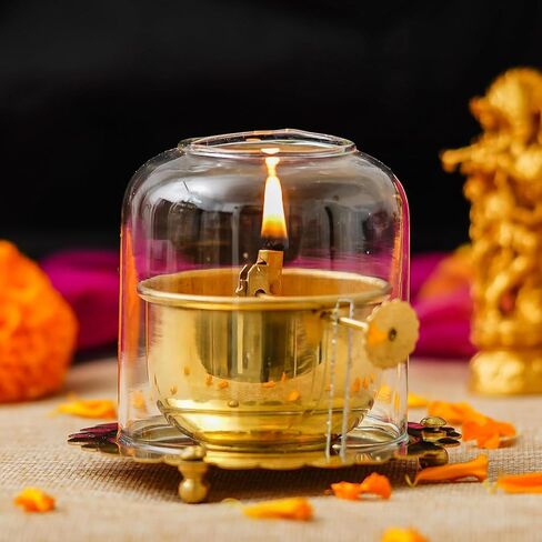 نحاس Akhand Diya مع فتيل قابل للتعديل - مصباح زيت تقليدي مصنوع يدويًا لآرتي وبوجا والتأمل والمعابد وديكور المنزل (8 سم) in Saudi Arabia