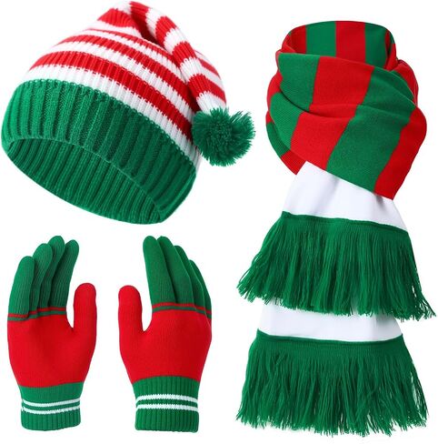 3 Pcs Christmas Knitted Scarf Hat Gloves Set Winter Santa Beanie Xmas Scarf Gloves Christmas Gift for Women Men in Saudi Arabia