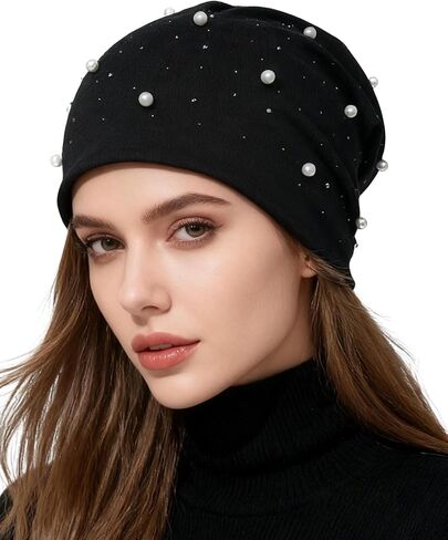 قبعة صغيرة من ACECHA مرصعة بأحجار الراين واللؤلؤ للنساء - قبعة جمجمة مترهلة خفيفة الوزن، قبعات بيني عصرية لربيع الخريف in Kuwait