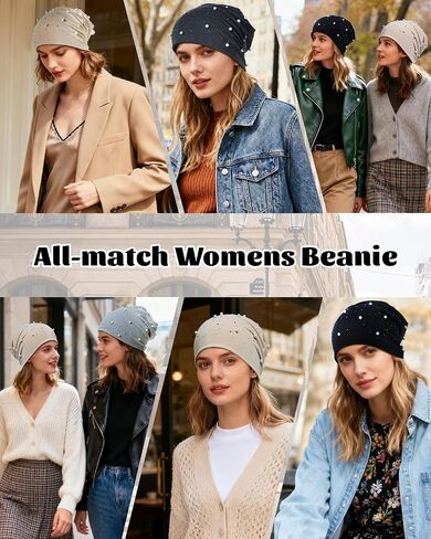 ACECHA Rhinestone and Pearl Beanie for Women - Lightweight Sparkly Slouchy Skull Cap, Fashion Beanies Hats for Spring Fall in Kuwait