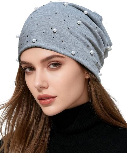 ACECHA Rhinestone and Pearl Beanie for Women - Lightweight Sparkly Slouchy Skull Cap, Fashion Beanies Hats for Spring Fall in Kuwait