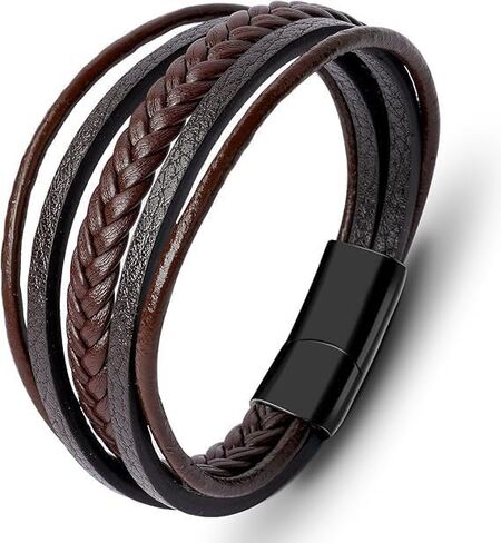 Men Leather Bracelet Multi-Layer Braided Genuine Leather with Stainless Steel Clasp, Brown Braided Leather Bracelet for Men, Mens Leather Wristband in Saudi Arabia