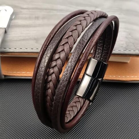 Men Leather Bracelet Multi-Layer Braided Genuine Leather with Stainless Steel Clasp, Brown Braided Leather Bracelet for Men, Mens Leather Wristband in Saudi Arabia