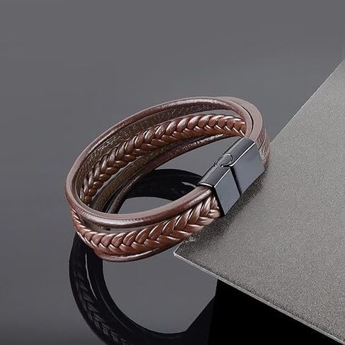 Men Leather Bracelet Multi-Layer Braided Genuine Leather with Stainless Steel Clasp, Brown Braided Leather Bracelet for Men, Mens Leather Wristband in Saudi Arabia