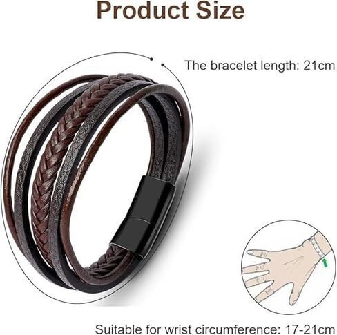 Men Leather Bracelet Multi-Layer Braided Genuine Leather with Stainless Steel Clasp, Brown Braided Leather Bracelet for Men, Mens Leather Wristband in Saudi Arabia