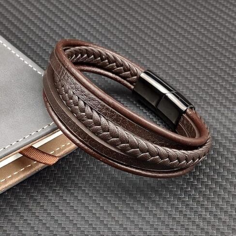 Men Leather Bracelet Multi-Layer Braided Genuine Leather with Stainless Steel Clasp, Brown Braided Leather Bracelet for Men, Mens Leather Wristband in Saudi Arabia