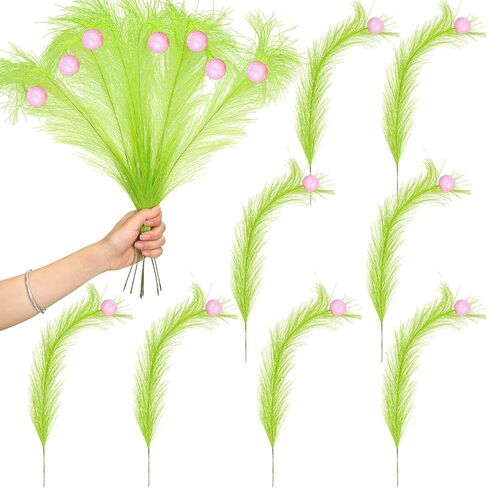8 Pcs Christmas 16.93'' Red Green Artificial Glitter Curly Berry Stems Xmas Furry Tree Decoration with Red Ball Faux Pampas Grass Decor for Christmas Tree Topper Home Office Wreath Crafts Gifts in Kuwait