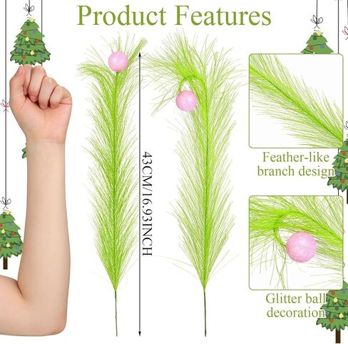 8 Pcs Christmas 16.93'' Red Green Artificial Glitter Curly Berry Stems Xmas Furry Tree Decoration with Red Ball Faux Pampas Grass Decor for Christmas Tree Topper Home Office Wreath Crafts Gifts in Kuwait