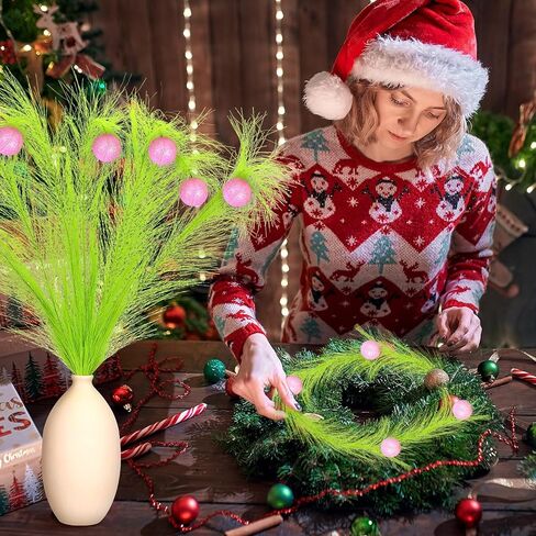 8 Pcs Christmas 16.93'' Red Green Artificial Glitter Curly Berry Stems Xmas Furry Tree Decoration with Red Ball Faux Pampas Grass Decor for Christmas Tree Topper Home Office Wreath Crafts Gifts in Kuwait