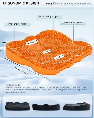 Thickened Gel Seat Cushion, Chair Seat Pad for Wheelchair, Gel Cushion Seat for Pressure Coccyx Sciatica Pain Relief, Egg Cushion for Car Office Chair, Cooling Cushion for Long Sitting[Black-2.75"] in Kuwait