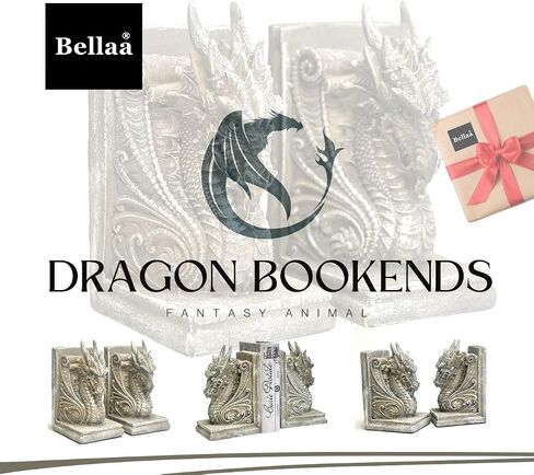 Bellaa 25617 Decorative Bookends Dragons Gothic Midieval Castle Mystic Vintage Book Ends Holder Heavy Stoppers Bookshelf Shelves to Hold Books Library Shelf Dividers Home Decor in Saudi Arabia