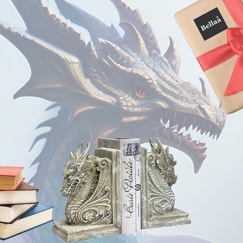 Bellaa 25617 Decorative Bookends Dragons Gothic Midieval Castle Mystic Vintage Book Ends Holder Heavy Stoppers Bookshelf Shelves to Hold Books Library Shelf Dividers Home Decor in Saudi Arabia