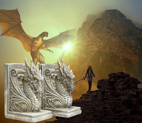 Bellaa 25617 Decorative Bookends Dragons Gothic Midieval Castle Mystic Vintage Book Ends Holder Heavy Stoppers Bookshelf Shelves to Hold Books Library Shelf Dividers Home Decor in Saudi Arabia