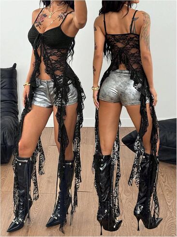 GORGLITTER Women's Y2k Lace Tie Front Goth Tops Sexy Mesh Spaghetti Strap Asymmetrical Shirts in Saudi Arabia
