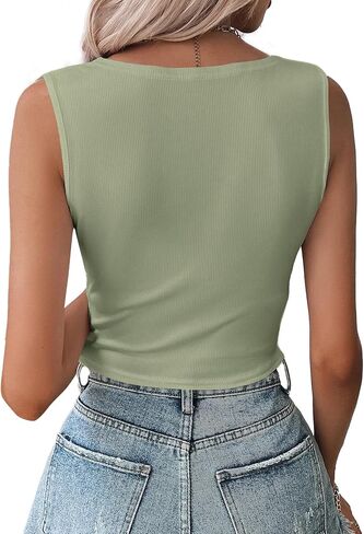 Vrtige Women's Twist Front V Neck Ribbed Knit Sleeveless Sexy Cami Tank Crop Top in Saudi Arabia
