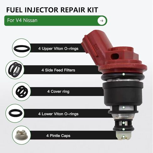 Superior Fuel Injector Kit, 4 Sets Orings Filters Pintle Caps for V4 Nissan J-ECS Altima Sentra Infiniti G20, Side Feed Fuel Injector Kitts in Kuwait