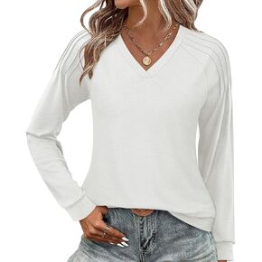 Syellowafter Womens Sweatshirt V Neck Pleated Long Sleeve Shirts Casual Lightweight Tunic Tops Loose Fit Pullover in Kuwait