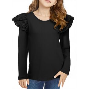 Girls Fall Shirts Double Layer Ruffle Long Sleeve Tops 2025 Trendy Eyelet Lace Blouses for Girl 6-13 Years in Kuwait
