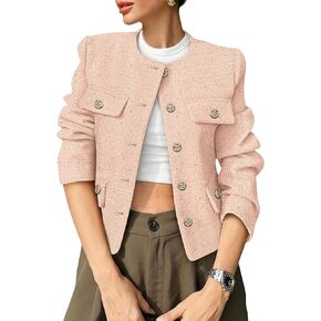 Women's Tweed Blazers Trendy Fall Casual Collarless Button Down Sequin Tops Cropped Jackets with Pockets in Saudi Arabia