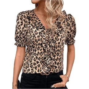 SweatyRocks Women's Leopard Print Puff Short Sleeve Ruffle V Neck Blouses Tie Neck Shirts in Saudi Arabia