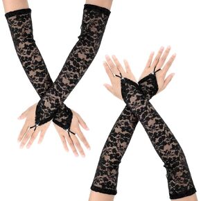 زوجان من قفازات الدانتيل بدون أصابع للنساء، قفازات دانتيل بطول الكوع، قفاز طويل Y2k، ذراع أنيق لحفلات الأوبرا التنكرية 20 ثانية، مساء الزفاف، العشاء، الزفاف، أسود in Kuwait