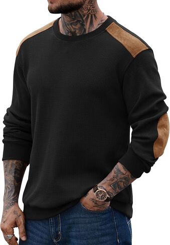 Men's Waffle Elbow Patch Sweatshirt Texture Casual Shirt Long Sleeve Crewneck Color Block Pullover (S-XXL) in Saudi Arabia