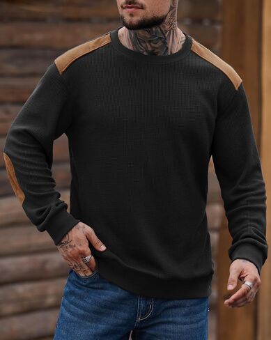 Men's Waffle Elbow Patch Sweatshirt Texture Casual Shirt Long Sleeve Crewneck Color Block Pullover (S-XXL) in Saudi Arabia
