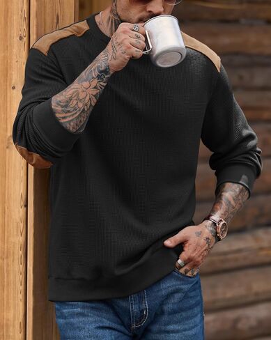 Men's Waffle Elbow Patch Sweatshirt Texture Casual Shirt Long Sleeve Crewneck Color Block Pullover (S-XXL) in Saudi Arabia