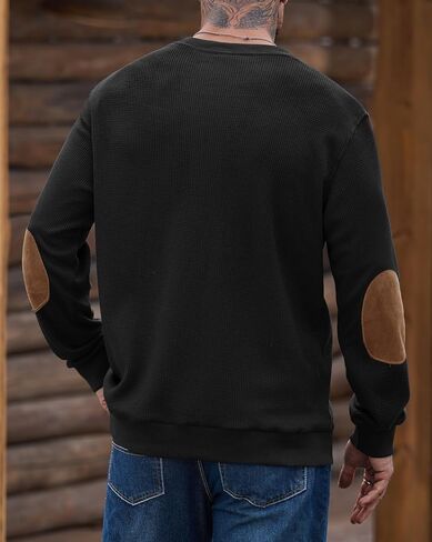 Men's Waffle Elbow Patch Sweatshirt Texture Casual Shirt Long Sleeve Crewneck Color Block Pullover (S-XXL) in Saudi Arabia