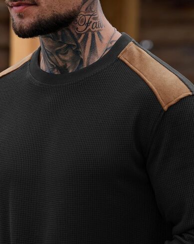 Men's Waffle Elbow Patch Sweatshirt Texture Casual Shirt Long Sleeve Crewneck Color Block Pullover (S-XXL) in Saudi Arabia