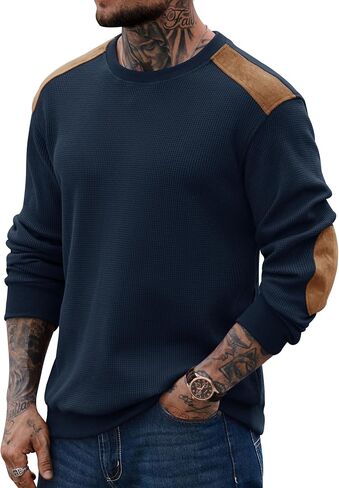Men's Waffle Elbow Patch Sweatshirt Texture Casual Shirt Long Sleeve Crewneck Color Block Pullover (S-XXL) in Saudi Arabia