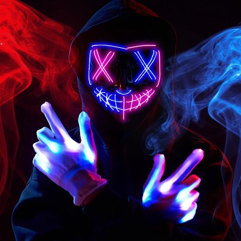 قناع وقفازات مخيفة مضيئة للهالوين من Spooktacular Creations لأزياء الهالوين التنكرية (الوردي والأزرق)، 3 أوضاع تتوهج في قناع الظلام للبالغين من الرجال والنساء والمراهقين، هدايا إكسسوارات للحفلات in Saudi Arabia