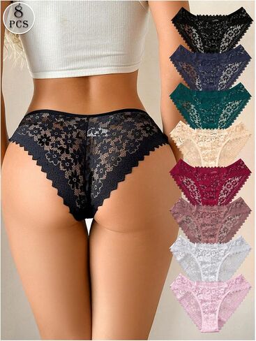 Women's 8 Pack Panties Floral Lace Thong Panties Sheer Mesh Low Rise Underwear in Saudi Arabia