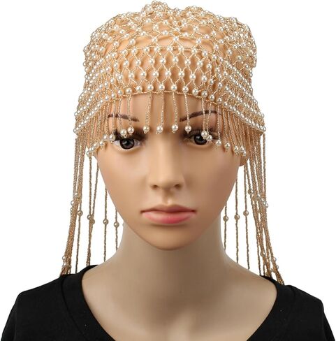 Pearl Bead Women Headwear Headpiece Egyptian Cleopatra Flapper Cap Hat Tassel Hair Jewelry Wedding Bridal Accessories in Saudi Arabia