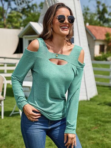 Womens Cold Shoulder Tops V Neck Long Sleeve T-Shirts Off Shoulder Tunic Top Basic Tees Casual Blouse in Saudi Arabia