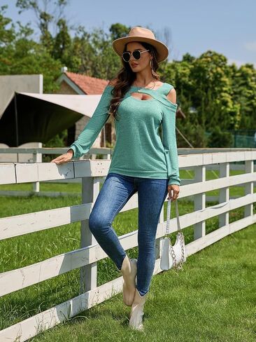 Womens Cold Shoulder Tops V Neck Long Sleeve T-Shirts Off Shoulder Tunic Top Basic Tees Casual Blouse in Saudi Arabia