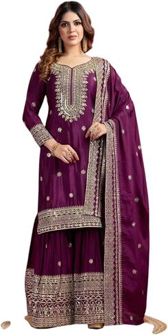SAMPOORNA MartChinnon Silk Embroidery & Sequence Work Straight Kurta With Sharara & Dupatta Set in Saudi Arabia