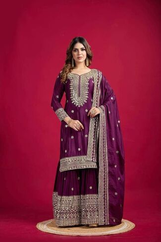 SAMPOORNA MartChinnon Silk Embroidery & Sequence Work Straight Kurta With Sharara & Dupatta Set in Saudi Arabia