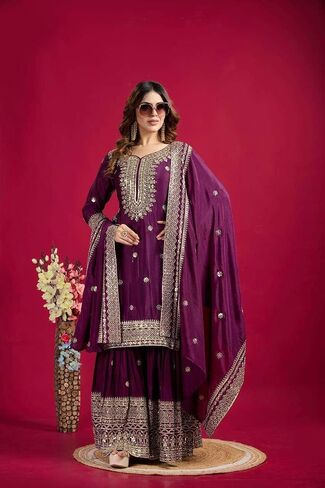 SAMPOORNA MartChinnon Silk Embroidery & Sequence Work Straight Kurta With Sharara & Dupatta Set in Saudi Arabia