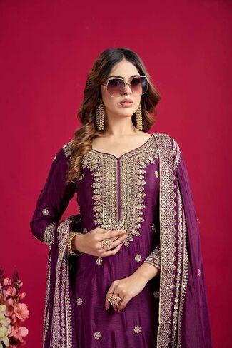 SAMPOORNA MartChinnon Silk Embroidery & Sequence Work Straight Kurta With Sharara & Dupatta Set in Saudi Arabia