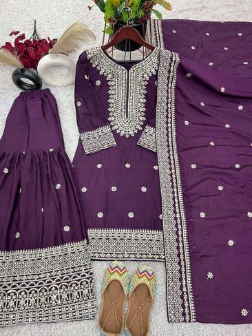 SAMPOORNA MartChinnon Silk Embroidery & Sequence Work Straight Kurta With Sharara & Dupatta Set in Saudi Arabia