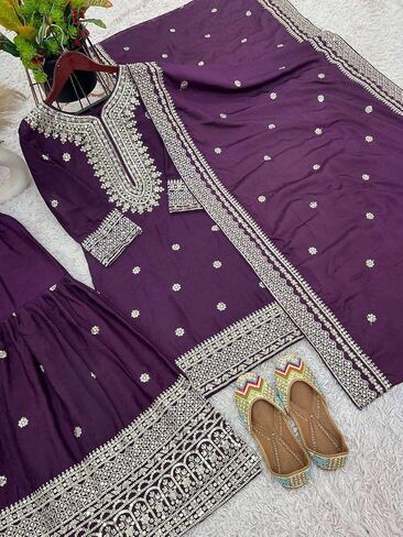 SAMPOORNA MartChinnon Silk Embroidery & Sequence Work Straight Kurta With Sharara & Dupatta Set in Saudi Arabia
