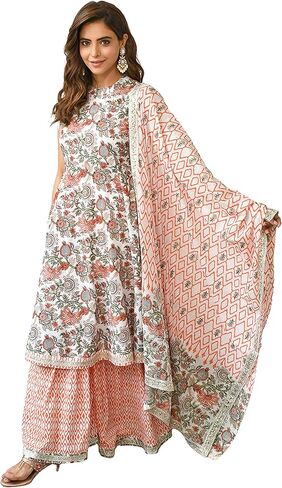 Janasya Indian Women's Cotton White Floral Print Festive Wear Kurta Set for Women in Saudi Arabia