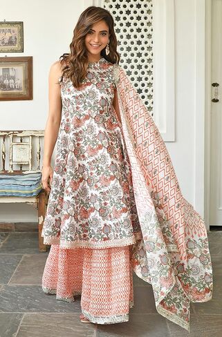 Janasya Indian Women's Cotton White Floral Print Festive Wear Kurta Set for Women in Saudi Arabia