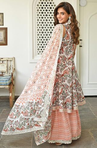 Janasya Indian Women's Cotton White Floral Print Festive Wear Kurta Set for Women in Saudi Arabia