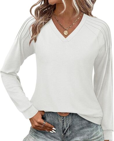 Syellowafter Womens Sweatshirt V Neck Pleated Long Sleeve Shirts Casual Lightweight Tunic Tops Loose Fit Pullover in Kuwait