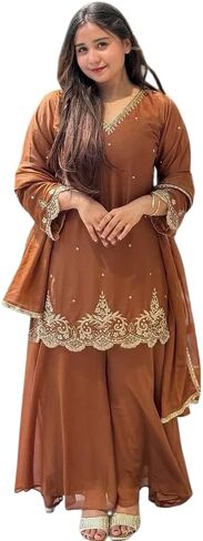 FusionArt Craft Women's Georgette Sequence Moti Work Straight Kurti With Salwar and Dupatta Set in Saudi Arabia