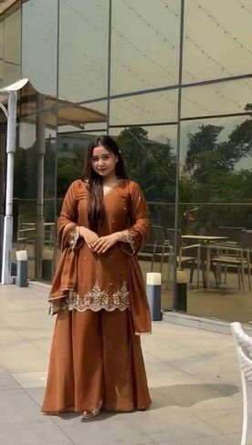 FusionArt Craft Women's Georgette Sequence Moti Work Straight Kurti With Salwar and Dupatta Set in Saudi Arabia